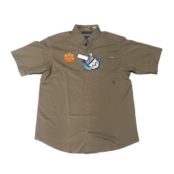 Columbia Clemson Tigers PHG Realtree Bucktail SS Woven Tan Shirt Men's Sz M - Picture 1 of 7